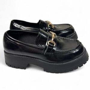 ASOS DESIGN Black Chunky‎ Platform Loafers Gold Horsebit Detail Womens 7 Slip On